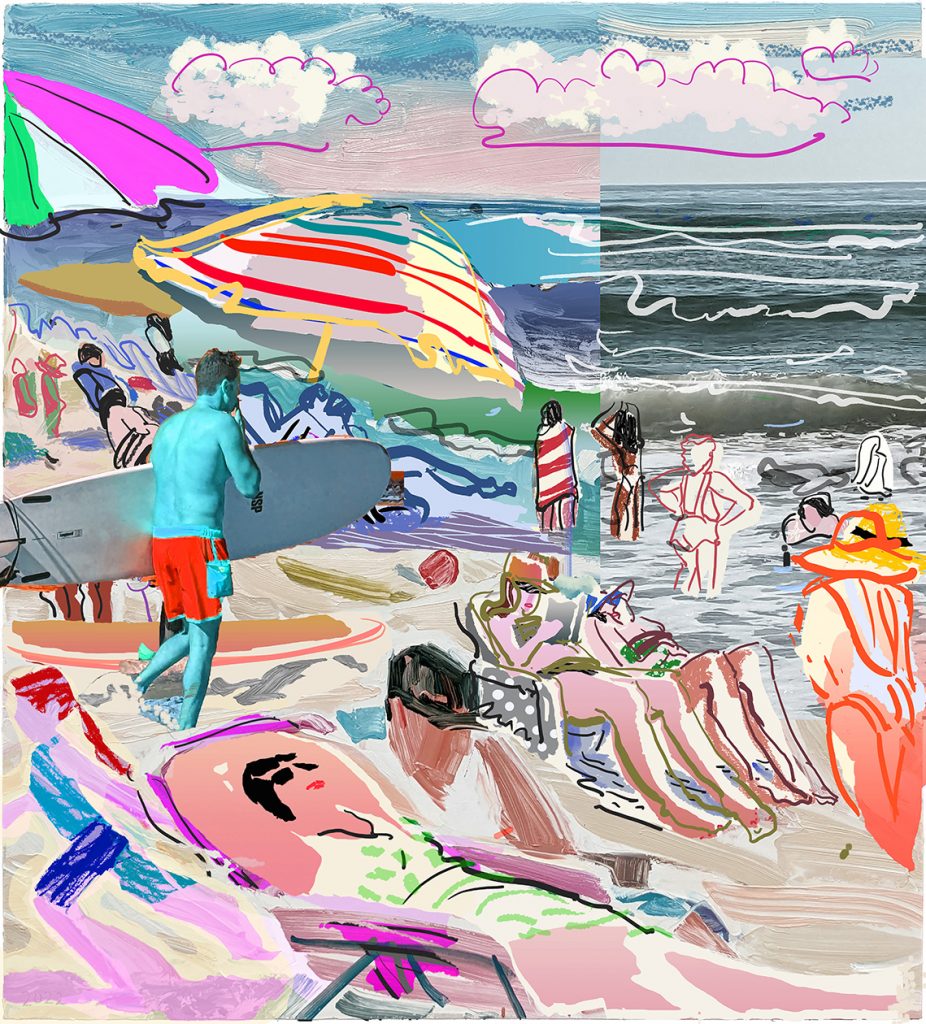 Digital collage of people on the beach