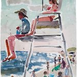 Two lifeguards sitting on the stand at the ocean