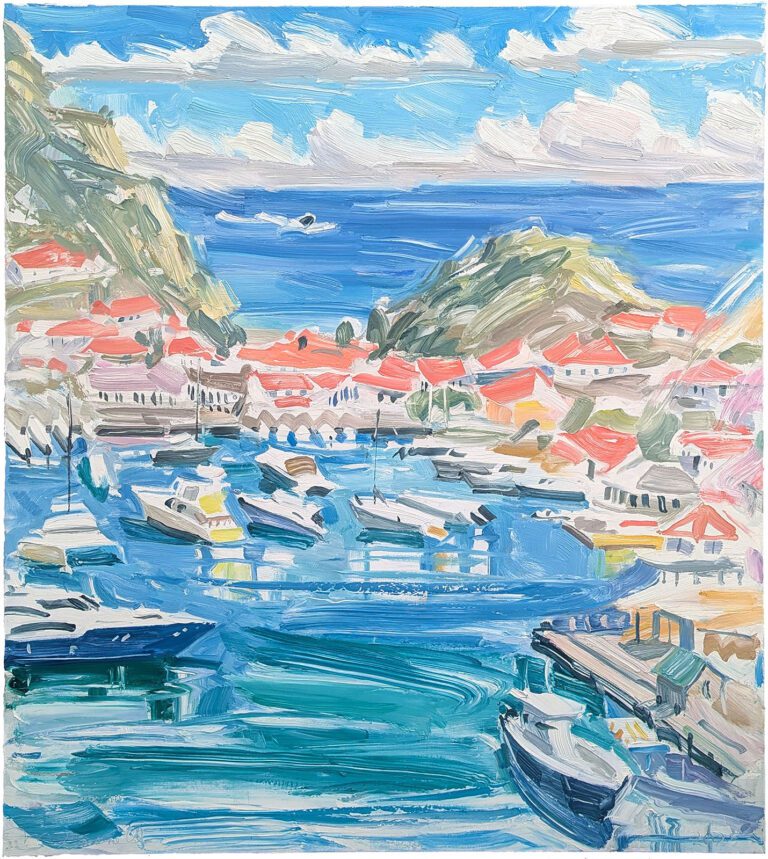 View from the lighthouse, with boats in the harbor and a motor boat in the distance.