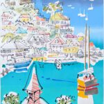 Boats in harbor, island, boats, and ship in the distance.