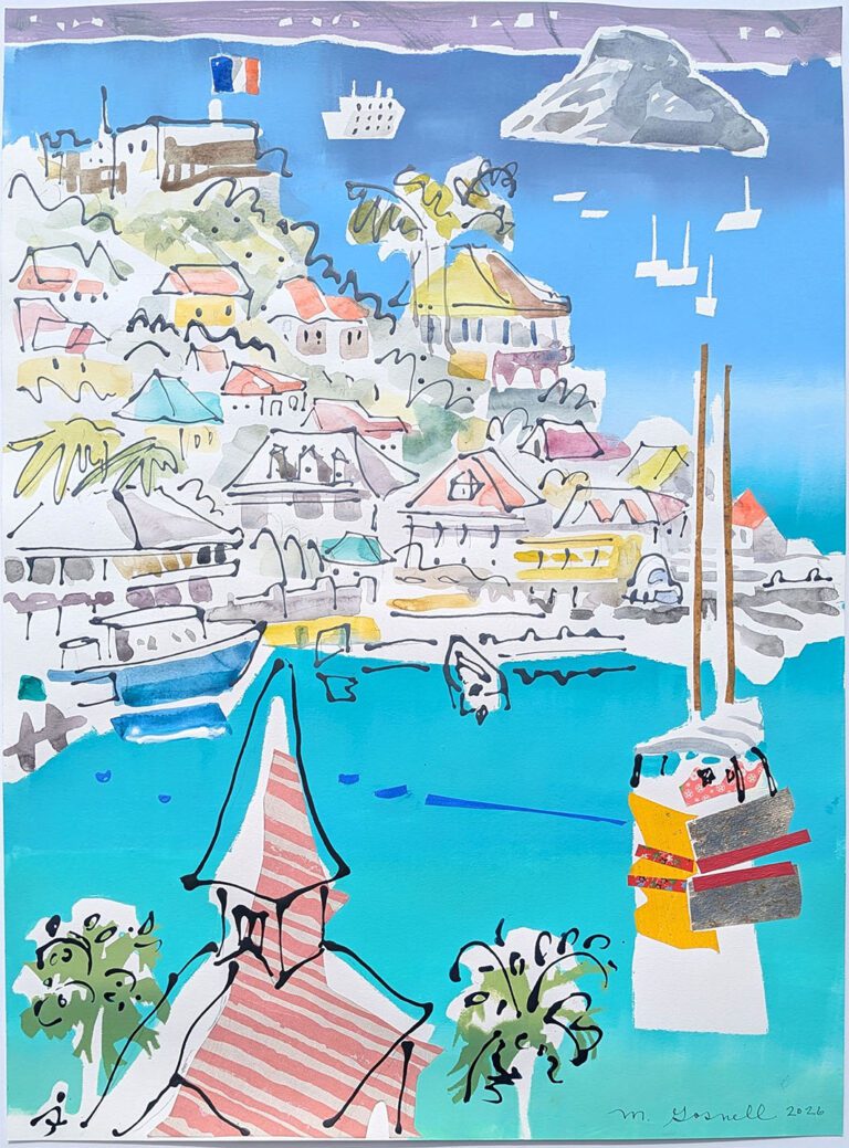 Boats in harbor, island, boats, and ship in the distance.