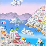Small plane coming in for a landing to the island of St. Barth. Harbor below.