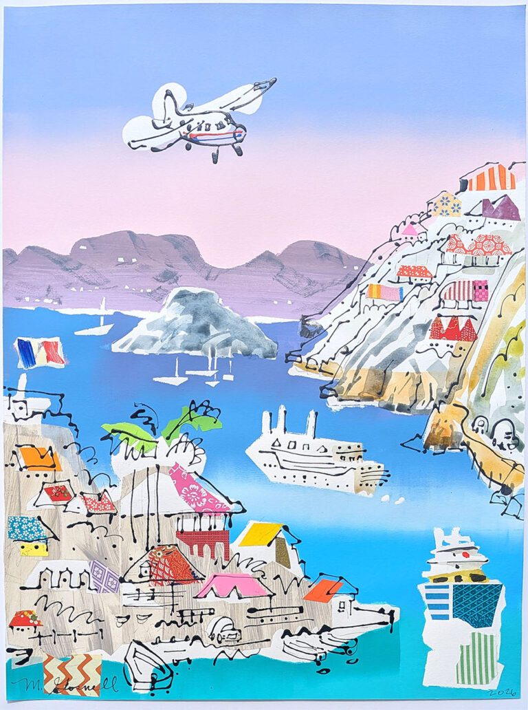 Small plane coming in for a landing to the island of St. Barth. Harbor below.